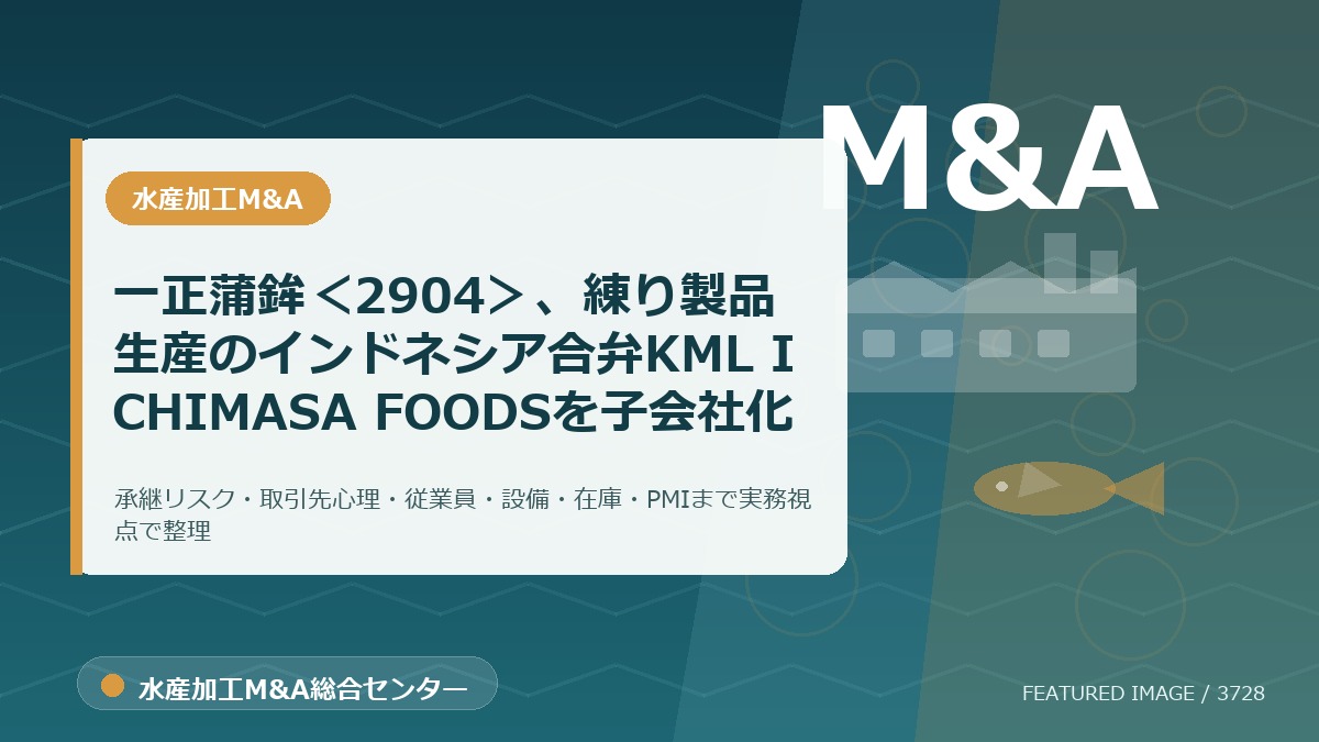 一正蒲鉾<2904>、練り製品生産のインドネシア合弁KML ICHIMASA FOODSを子会社化のアイキャッチ画像。水産加工M&A総合センターの専門記事イメージ。