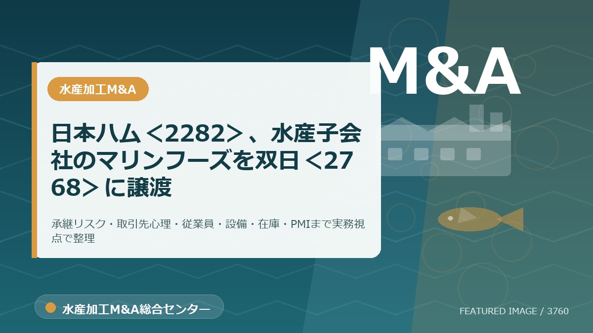 日本ハム<2282>、水産子会社のマリンフーズを双日<2768>に譲渡のアイキャッチ画像。水産加工M&A総合センターの専門記事イメージ。