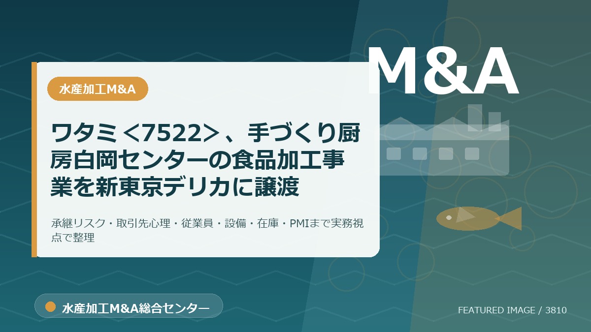 ワタミ<7522>、手づくり厨房白岡センターの食品加工事業を新東京デリカに譲渡のアイキャッチ画像。水産加工M&A総合センターの専門記事イメージ。