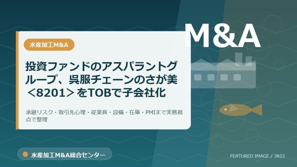 投資ファンドのアスパラントグループ、呉服チェーンのさが美＜8201＞をTOBで子会社化のアイキャッチ画像。水産加工M&A総合センターの専門記事イメージ。