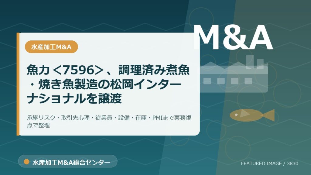 魚力＜7596＞、調理済み煮魚・焼き魚製造の松岡インターナショナルを譲渡のアイキャッチ画像。水産加工M&A総合センターの専門記事イメージ。