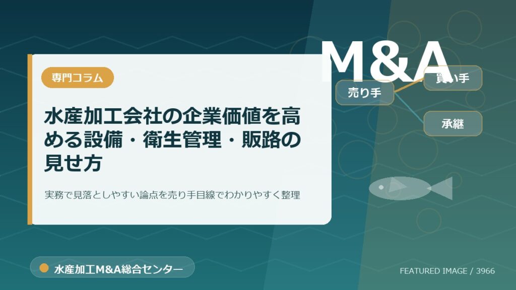 水産加工会社の企業価値を高める設備・衛生管理・販路の見せ方のアイキャッチ画像。水産加工M&A総合センターの専門記事イメージ。
