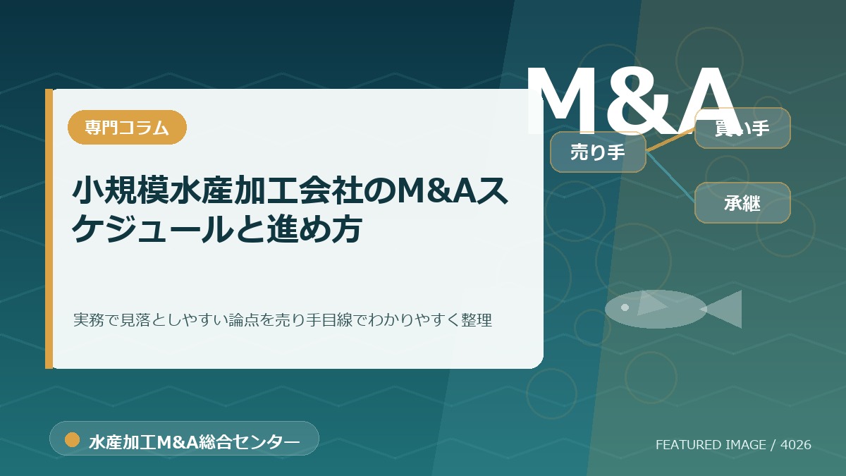 小規模水産加工会社のM&Aスケジュールと進め方のアイキャッチ画像。水産加工M&A総合センターの専門記事イメージ。