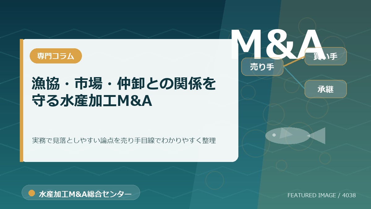 漁協・市場・仲卸との関係を守る水産加工M&Aのアイキャッチ画像。水産加工M&A総合センターの専門記事イメージ。