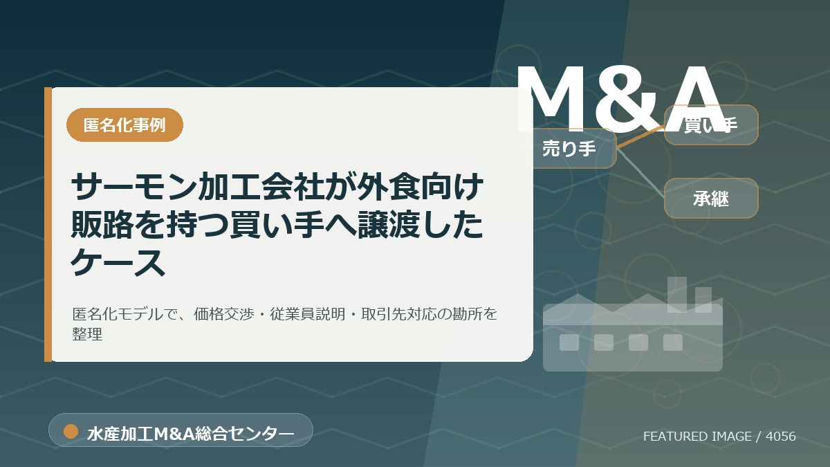 【匿名化想定事例】サーモン加工会社が外食向け販路を持つ買い手へ譲渡したケースのアイキャッチ画像。水産加工M&A総合センターの専門記事イメージ。