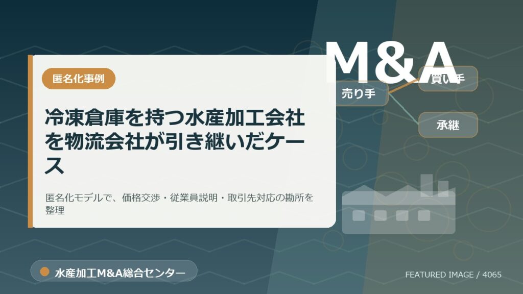 【匿名化想定事例】冷凍倉庫を持つ水産加工会社を物流会社が引き継いだケースのアイキャッチ画像。水産加工M&A総合センターの専門記事イメージ。