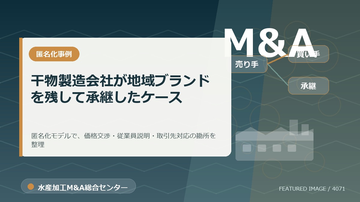 【匿名化想定事例】干物製造会社が地域ブランドを残して承継したケースのアイキャッチ画像。水産加工M&A総合センターの専門記事イメージ。