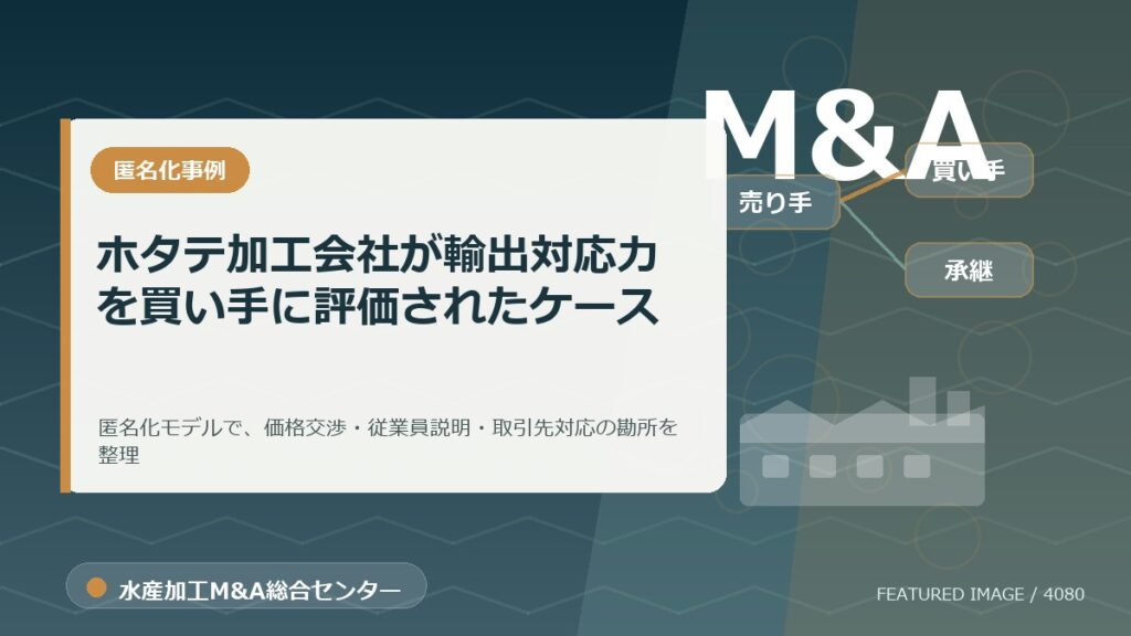 【匿名化想定事例】ホタテ加工会社が輸出対応力を買い手に評価されたケースのアイキャッチ画像。水産加工M&A総合センターの専門記事イメージ。