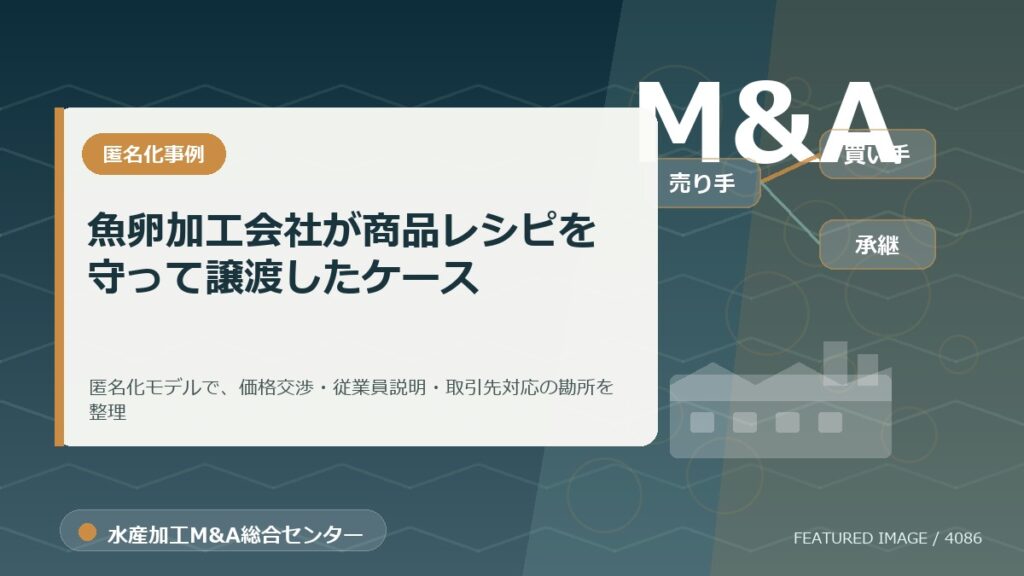 【匿名化想定事例】魚卵加工会社が商品レシピを守って譲渡したケースのアイキャッチ画像。水産加工M&A総合センターの専門記事イメージ。