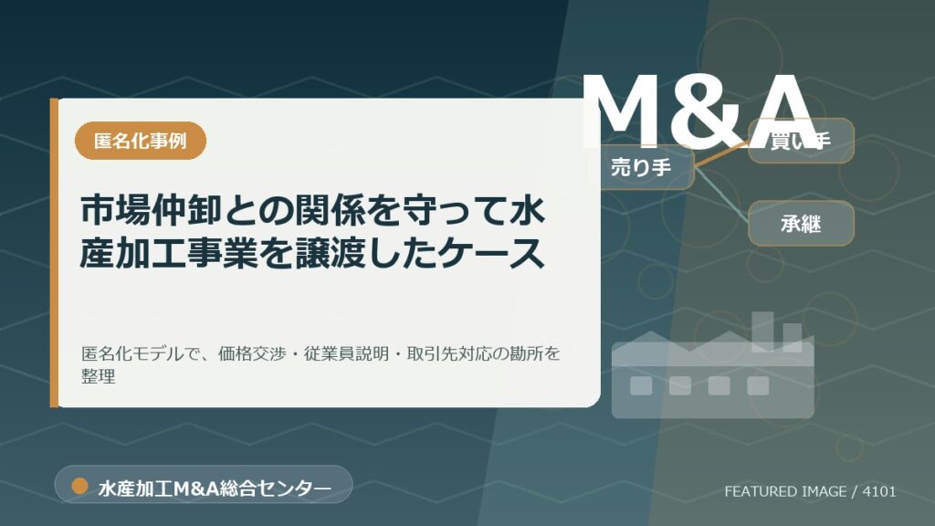 【匿名化想定事例】市場仲卸との関係を守って水産加工事業を譲渡したケースのアイキャッチ画像。水産加工M&A総合センターの専門記事イメージ。