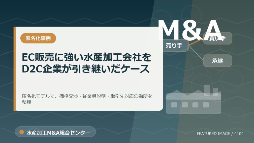 【匿名化想定事例】EC販売に強い水産加工会社をD2C企業が引き継いだケースのアイキャッチ画像。水産加工M&A総合センターの専門記事イメージ。