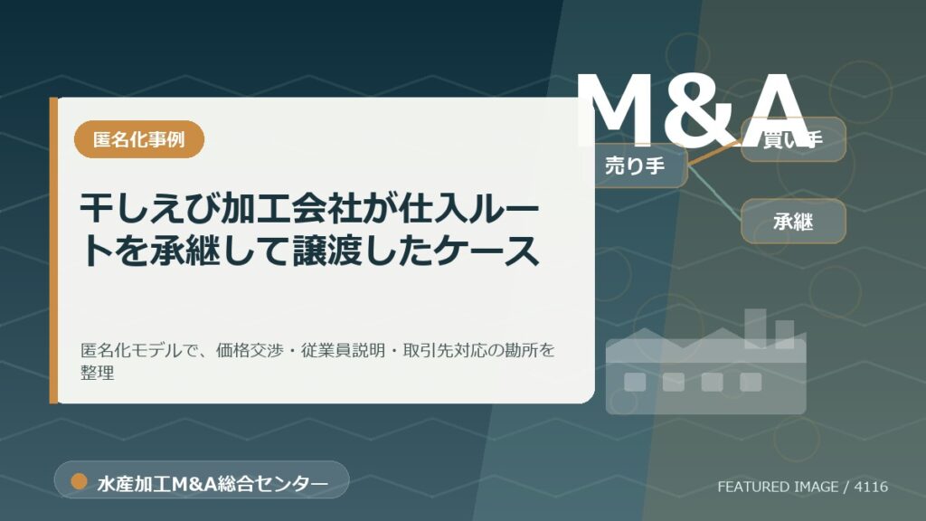 【匿名化想定事例】干しえび加工会社が仕入ルートを承継して譲渡したケースのアイキャッチ画像。水産加工M&A総合センターの専門記事イメージ。