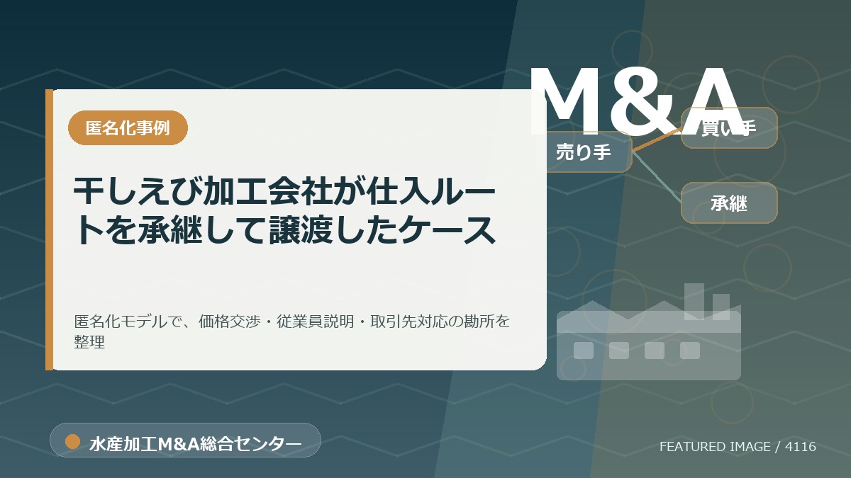 【匿名化想定事例】干しえび加工会社が仕入ルートを承継して譲渡したケースのアイキャッチ画像。水産加工M&A総合センターの専門記事イメージ。