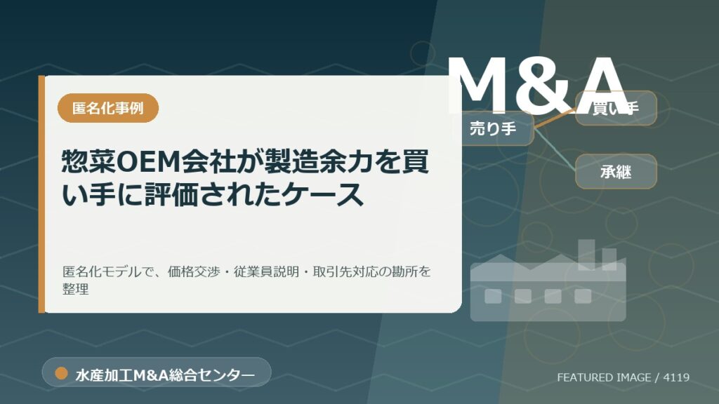 【匿名化想定事例】惣菜OEM会社が製造余力を買い手に評価されたケースのアイキャッチ画像。水産加工M&A総合センターの専門記事イメージ。