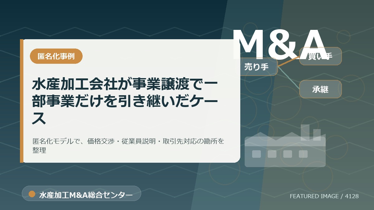 【匿名化想定事例】水産加工会社が事業譲渡で一部事業だけを引き継いだケースのアイキャッチ画像。水産加工M&A総合センターの専門記事イメージ。
