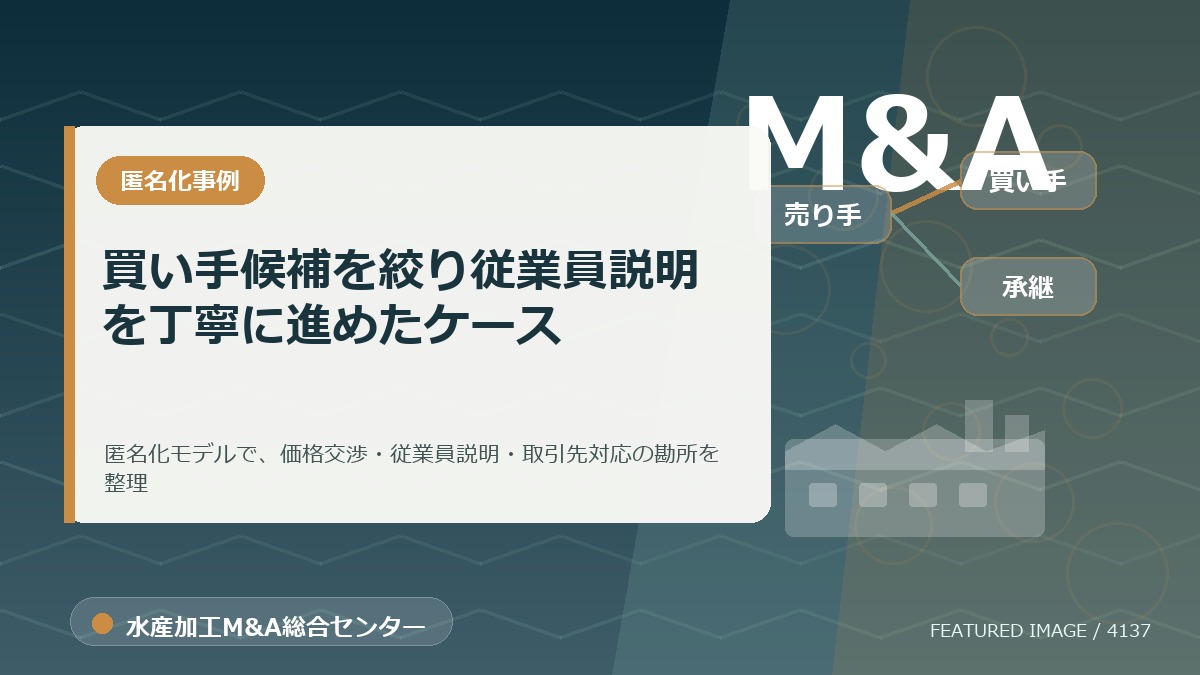 【匿名化想定事例】買い手候補を絞り従業員説明を丁寧に進めたケースのアイキャッチ画像。水産加工M&A総合センターの専門記事イメージ。