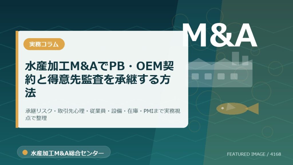 【2026年最新】水産加工M&AでPB・OEM契約と得意先監査を承継する方法｜匿名化モデルケースのアイキャッチ画像。水産加工M&A総合センターの専門記事イメージ。