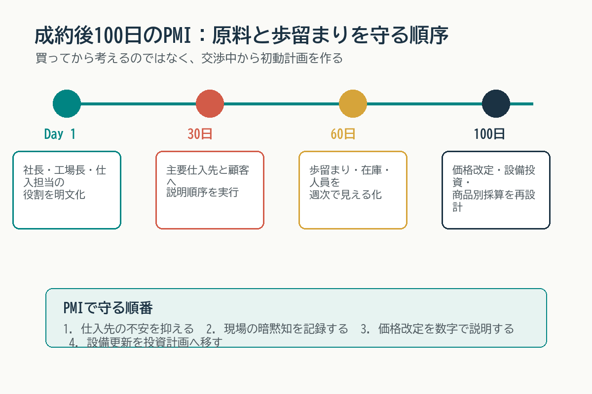 水産加工会社のM&A成約後100日で原料調達と歩留まりを守るPMIタイムライン