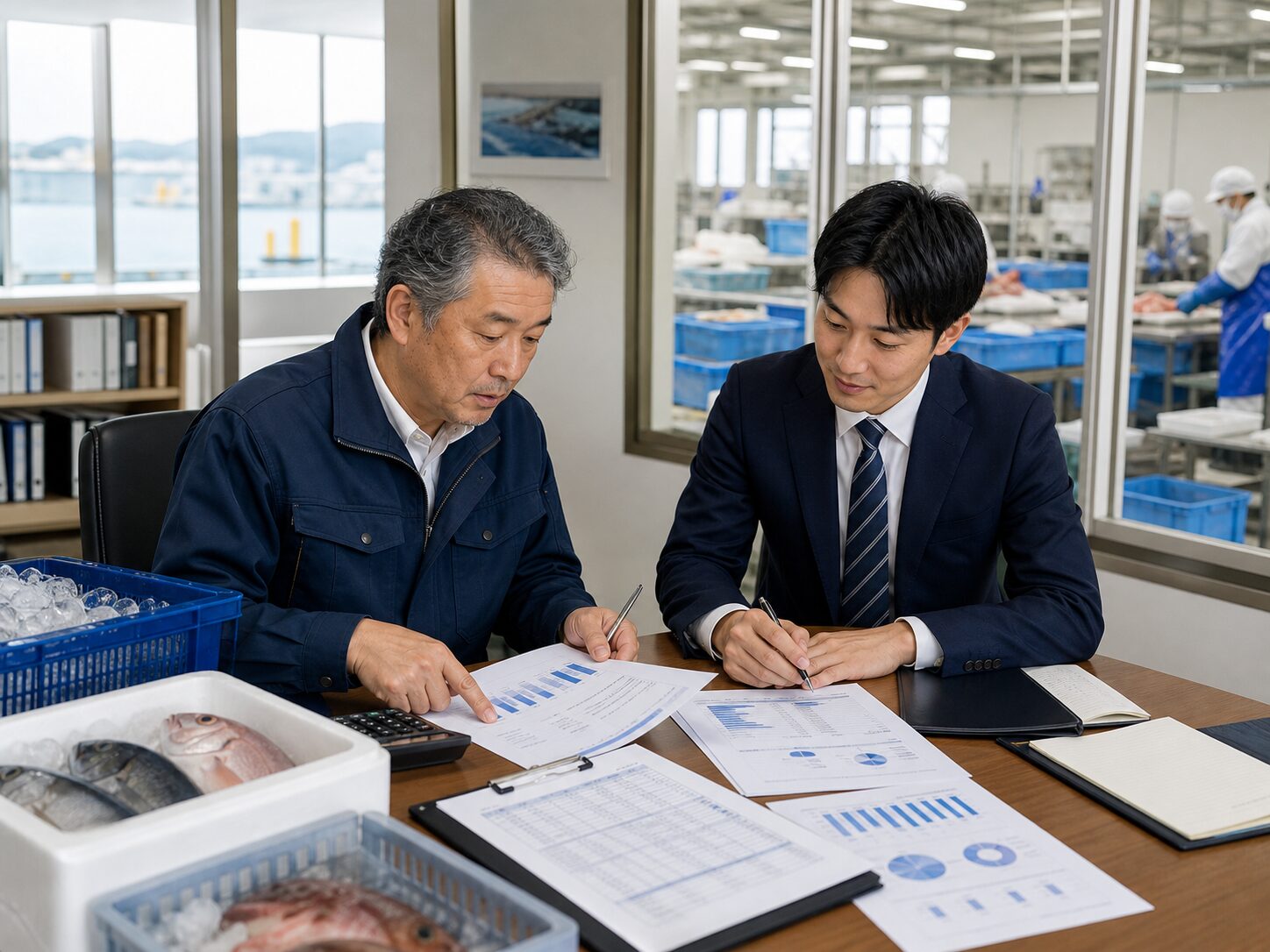 水産会社の売却準備について資料を確認するオーナーとアドバイザー
