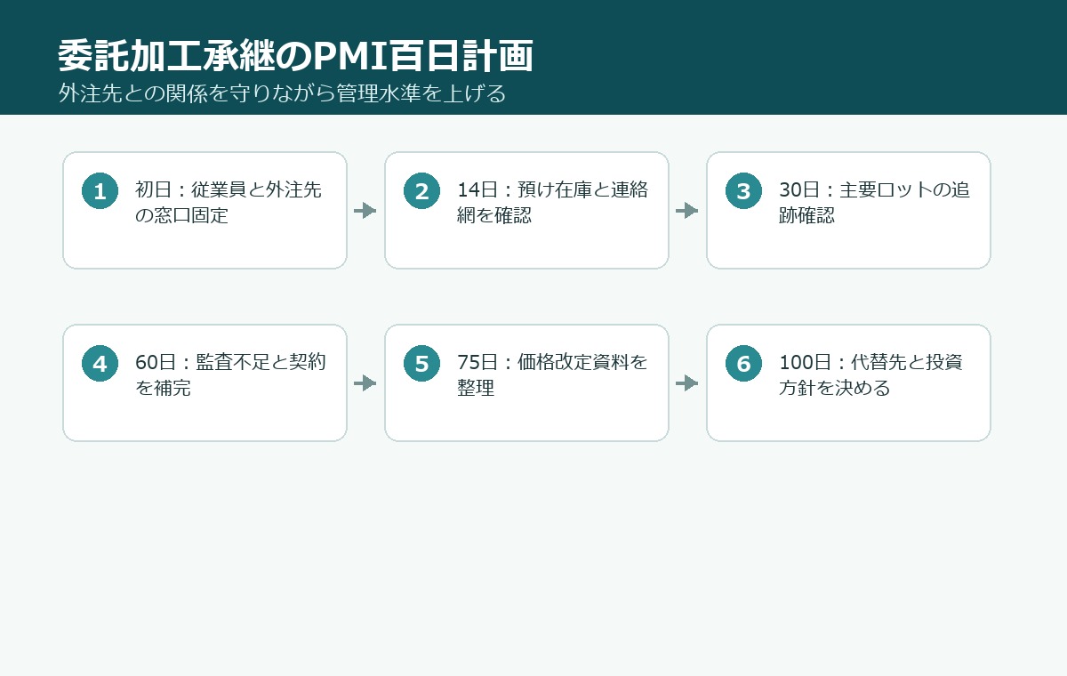水産加工M&A後100日で委託加工先、品質監査、在庫、価格、従業員教育を整えるPMIタイムライン