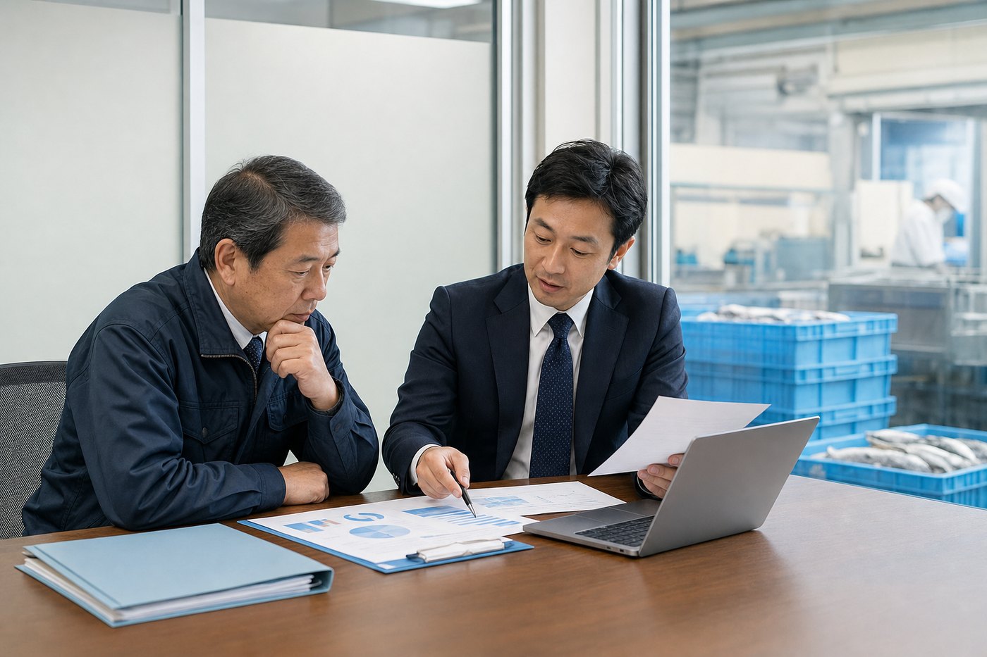 水産会社の売却準備について資料を確認するオーナーとアドバイザー