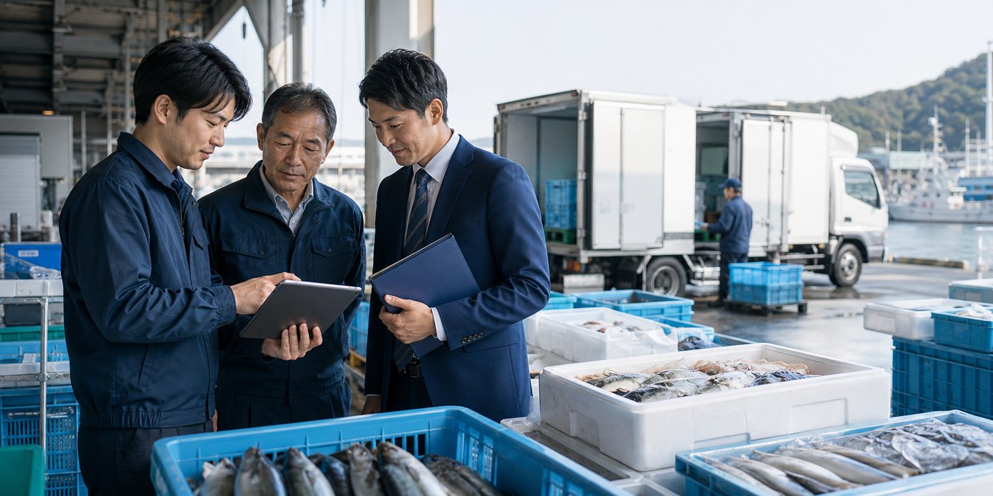 水産卸の物流現場で承継候補と企業価値を確認する様子
