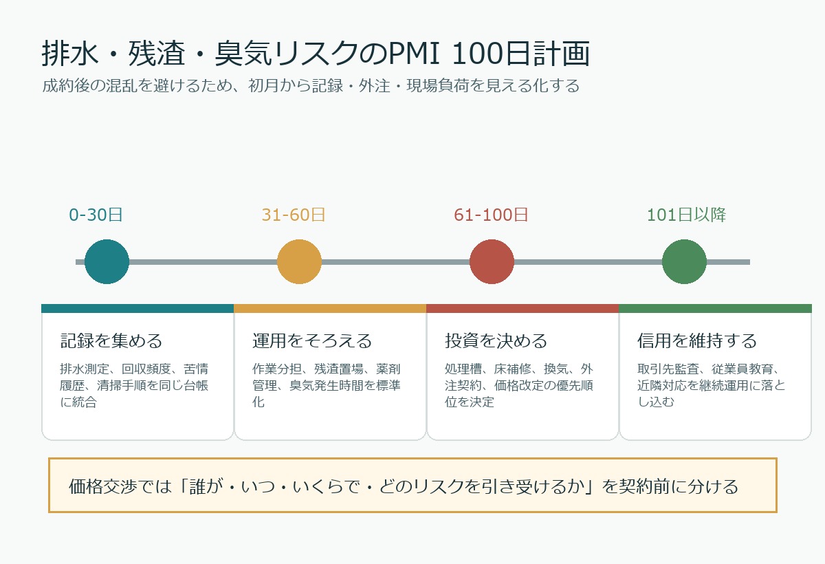 水産加工M&Aにおける排水・魚残渣・臭気リスクのPMI 100日計画