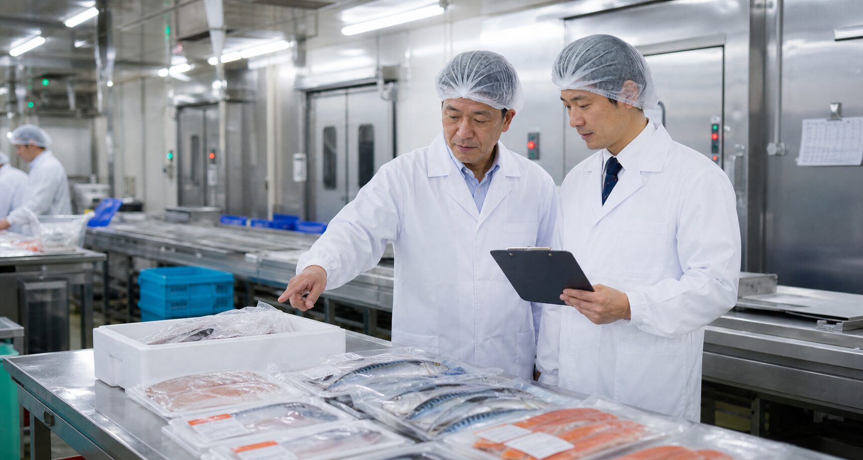 水産加工工場で衛生管理や製造ラインを確認する担当者とアドバイザー