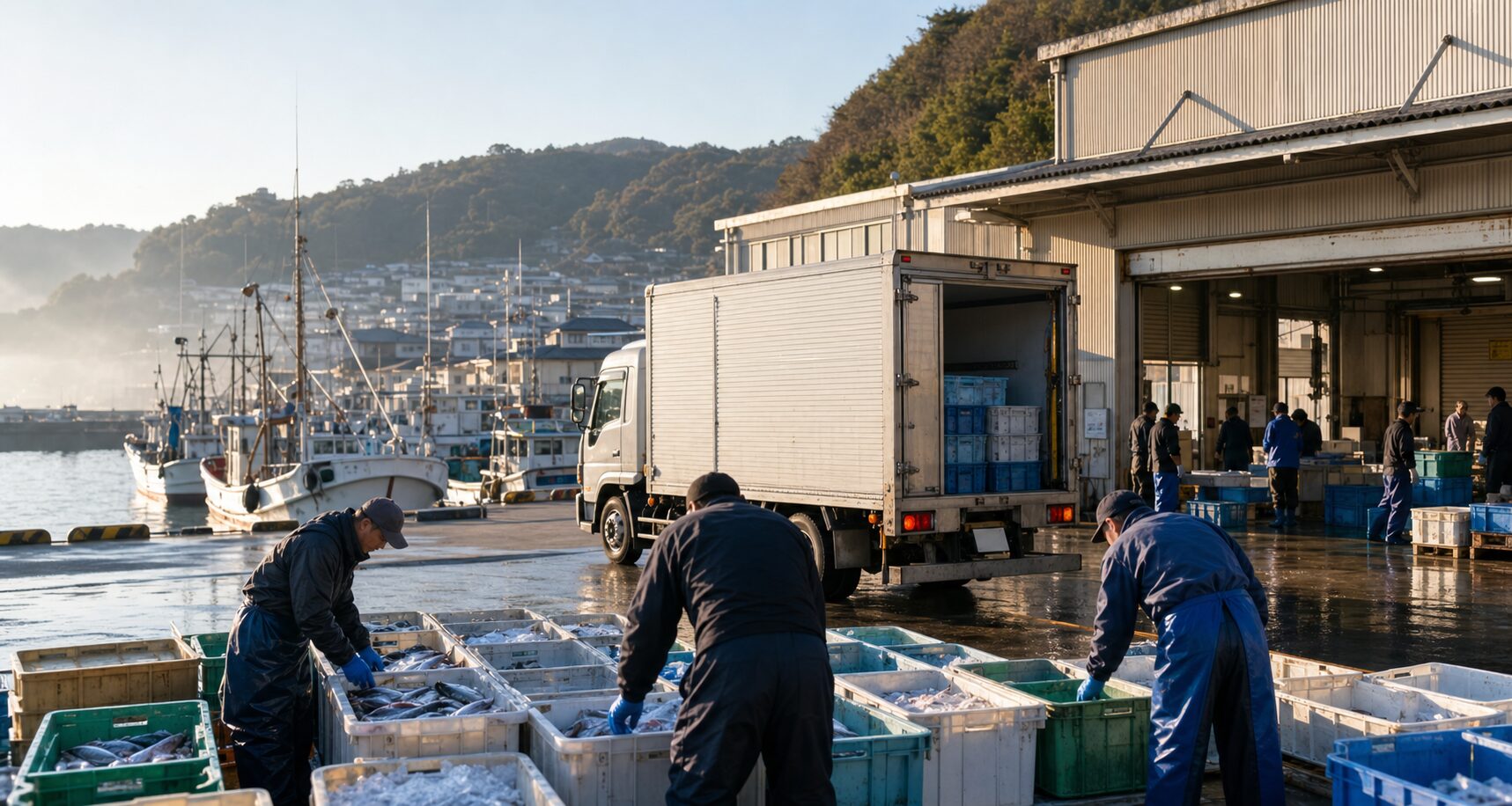 漁港と水産加工場と冷蔵車が並ぶ地域の水産バリューチェーン