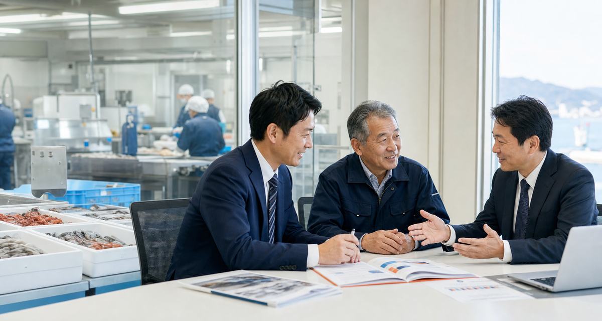 水産加工会社の経営者とM&Aアドバイザーが工場を背景に承継相談をしている様子