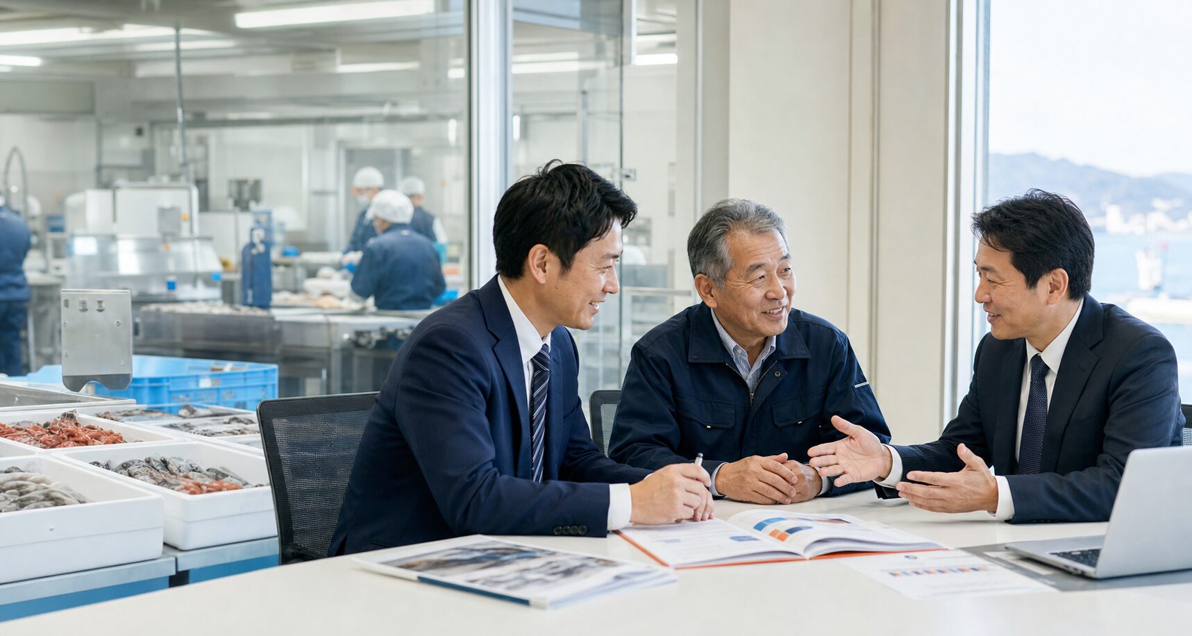 水産加工会社の経営者とM&Aアドバイザーが工場を背景に承継相談をしている様子