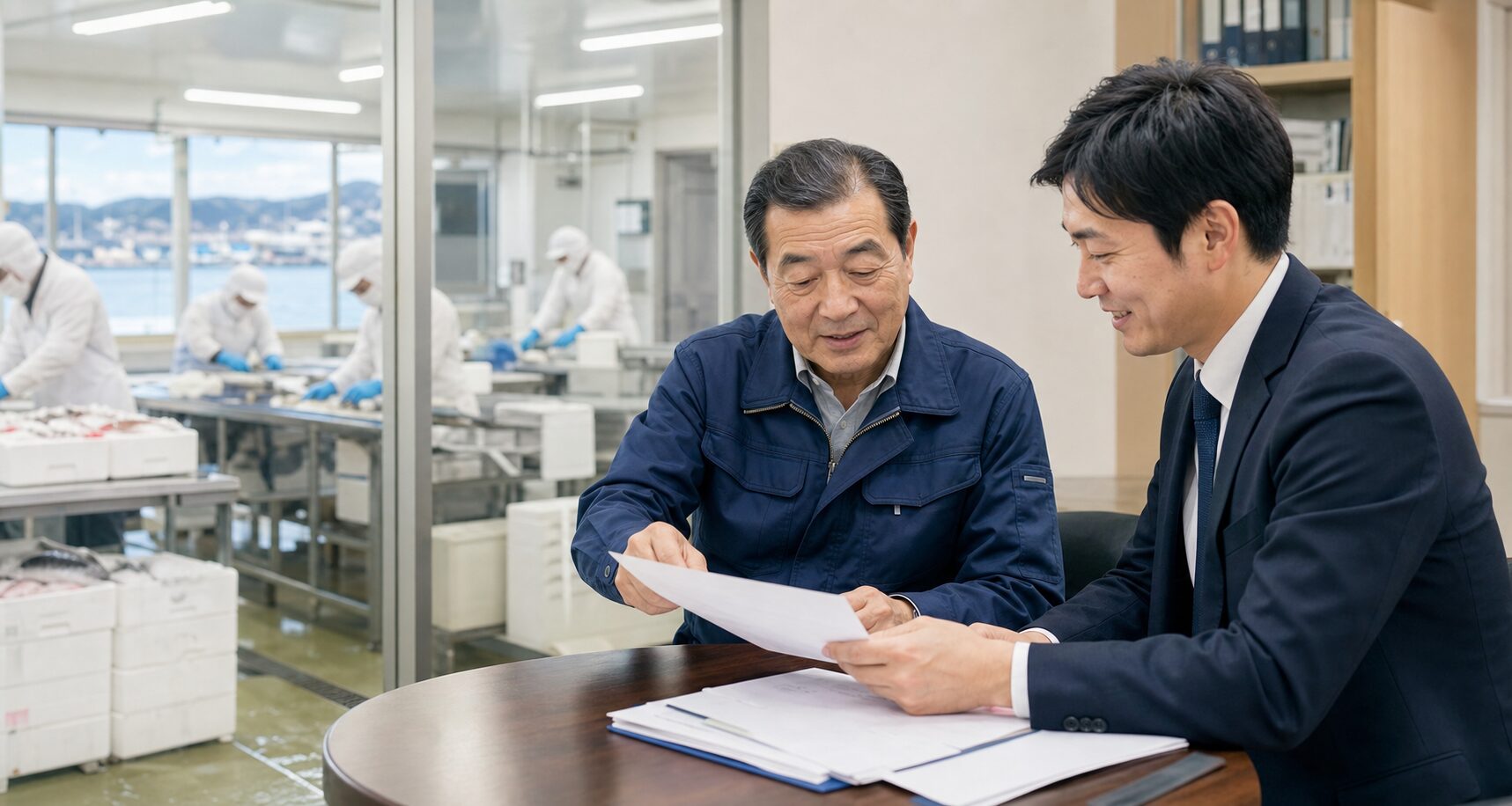 水産加工会社の経営者とアドバイザーが工場を背景に承継資料を確認している様子