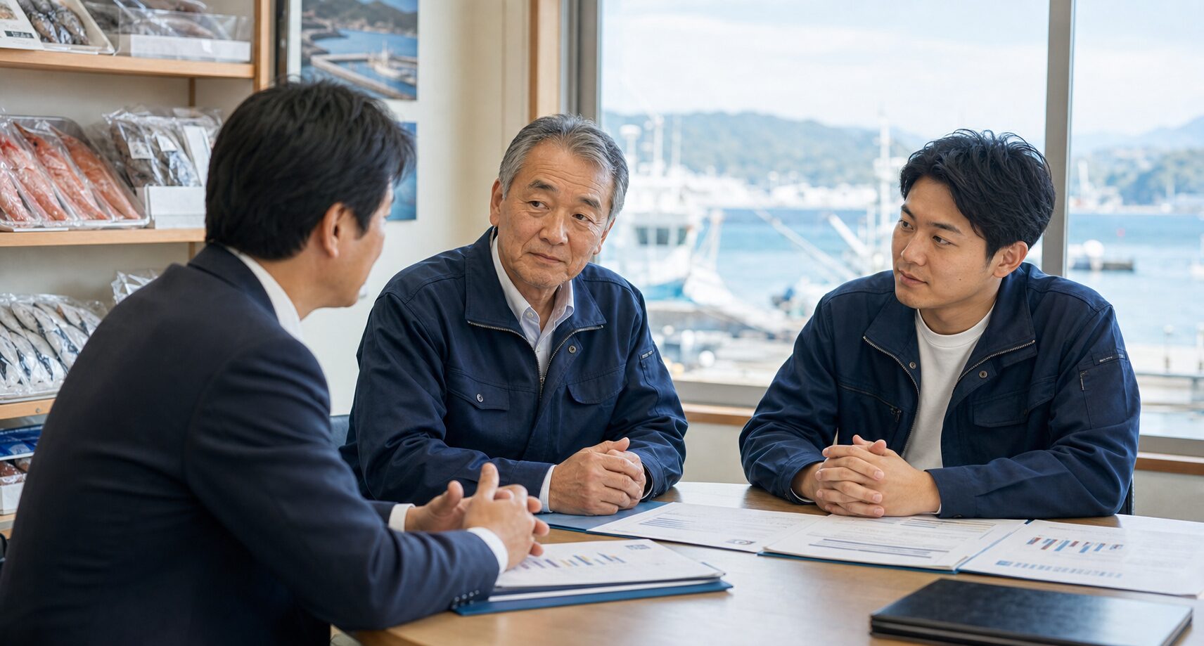 港を望む会議室で水産加工会社の経営者、後継候補、アドバイザーが相談している様子