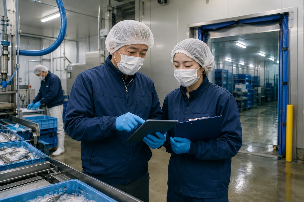 水産加工・冷蔵現場で品質管理の記録を確認する担当者のイメージ