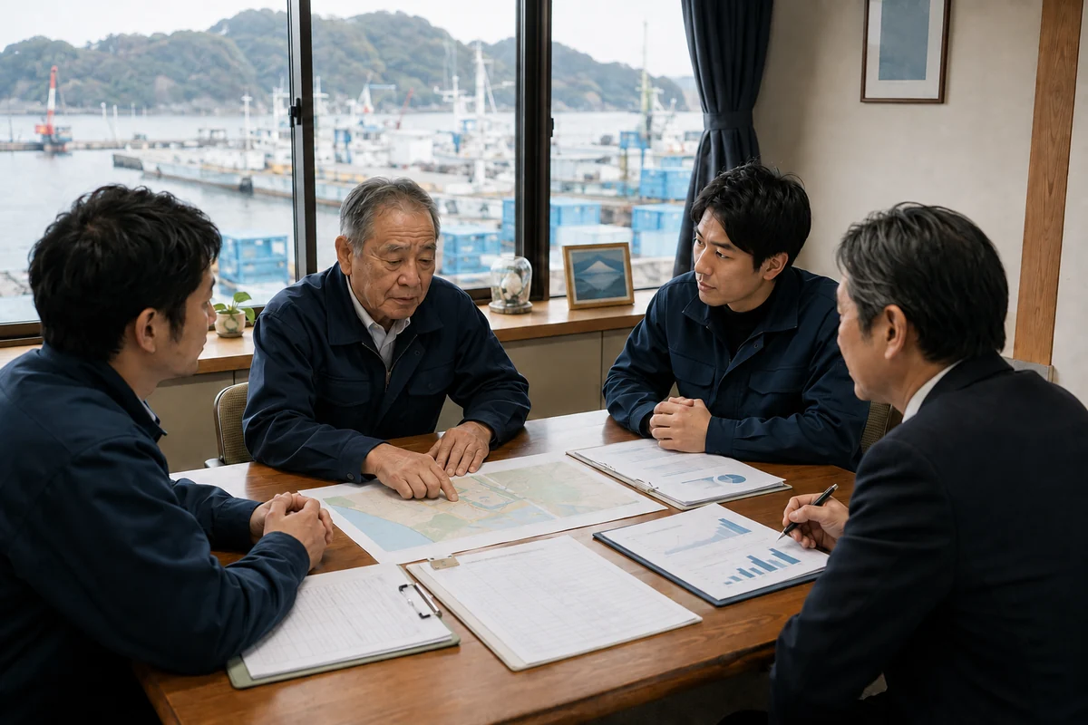 水産会社の経営者と後継候補が港を望む会議室で引継ぎ計画を話し合うイメージ